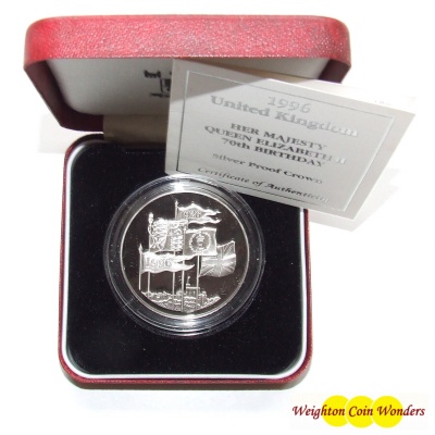 1996 Silver Proof £5 Crown – 70th Birthday QE II - Click Image to Close